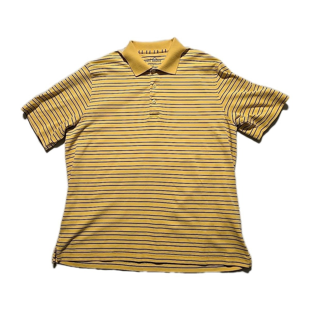 Eddie Bauer Men Large Yellow Stripe Polo Short Sleeve Shirt